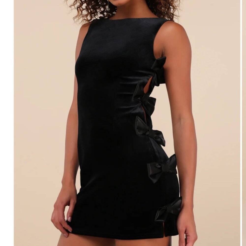Lulu's Black Velvet Mini Dress with Side Bow Cutouts